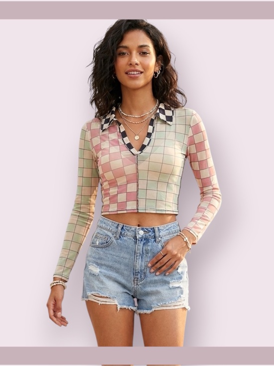Daisy Street Tops - Daisy Street Checkered Mesh Crop Top
